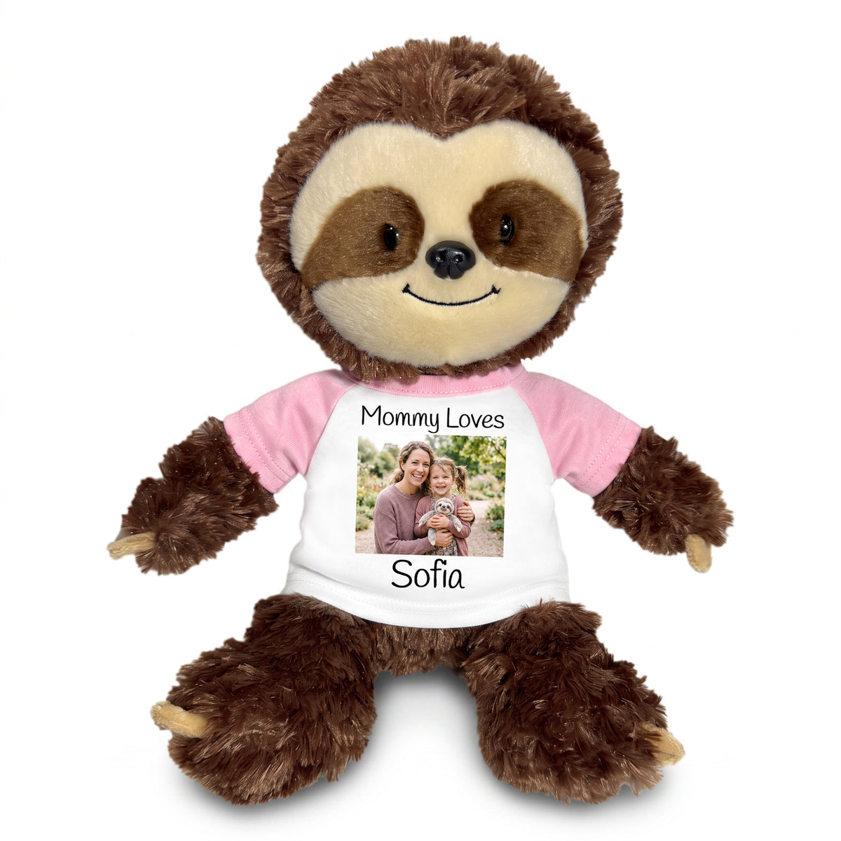 Personalized Stuffed Sloth - 12" Aurora Plush Tubbie Wubbie Sloth with Photo and/or Text - White w/Pink Sleeves – add $3, Print on Front Only (Included)