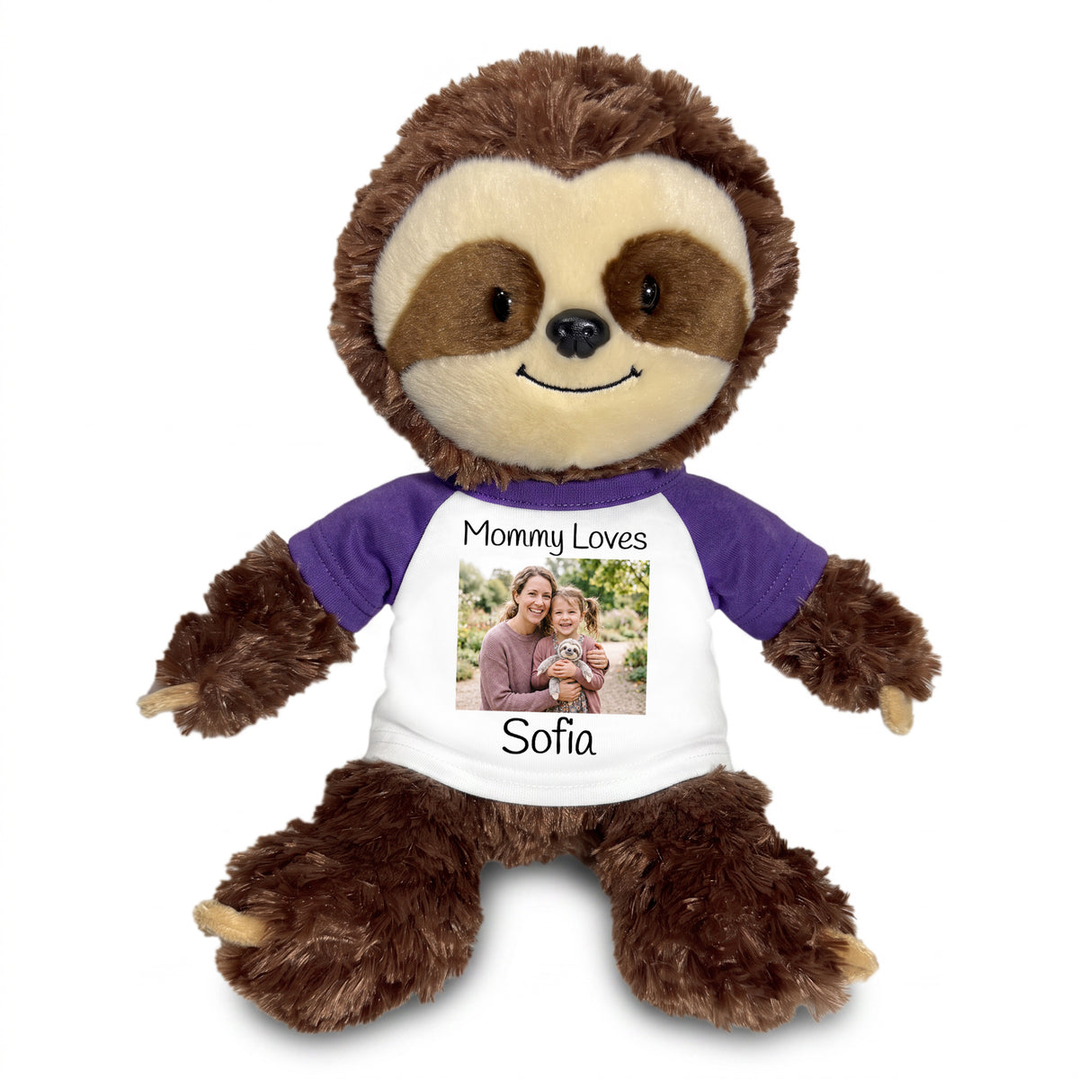 Personalized Stuffed Sloth - 12" Aurora Plush Tubbie Wubbie Sloth with Photo and/or Text - White w/Purple Sleeves – add $3, Print on Front Only (Included)