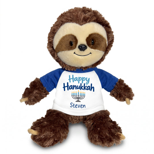 Personalized Hanukkah Stuffed Sloth - 12 Inch Plush Tubbie Wubbies Sloth - Happy Hanukkah, Royal Blue Shirt / Blue Design
