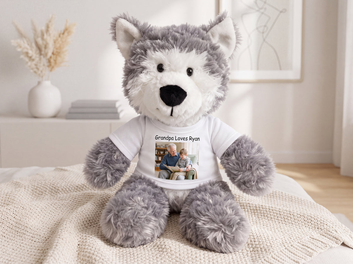 Personalized Stuffed Husky Dog or Wolf featuring your photo and/or text - 12" Aurora Plush - , 