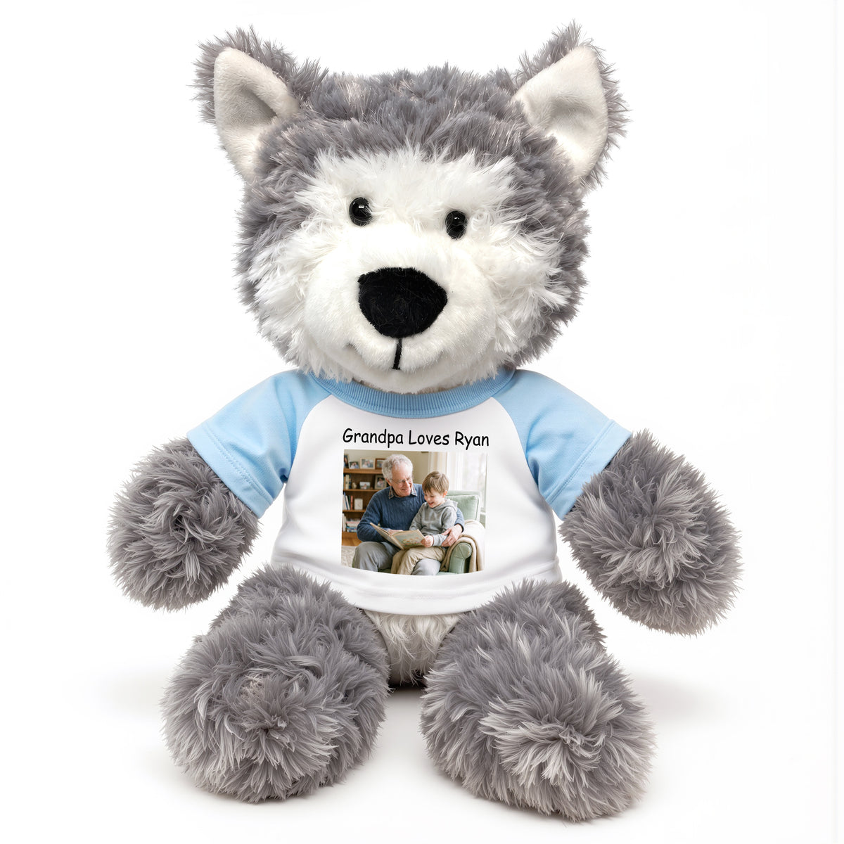 Personalized Stuffed Husky Dog or Wolf featuring your photo and/or text - 12" Aurora Plush - White w/Light Blue Sleeves – add $3, Print on Front Only (Included)