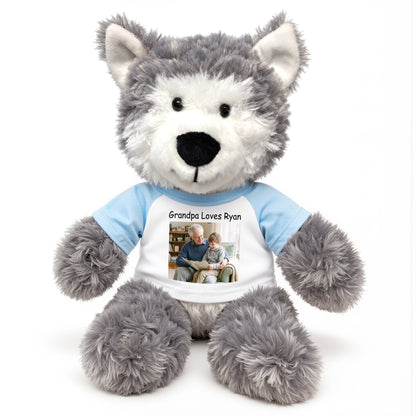 Personalized Stuffed Husky Dog or Wolf featuring your photo and/or text - 12" Aurora Plush - White w/Light Blue Sleeves – add $3, Print on Front Only (Included)