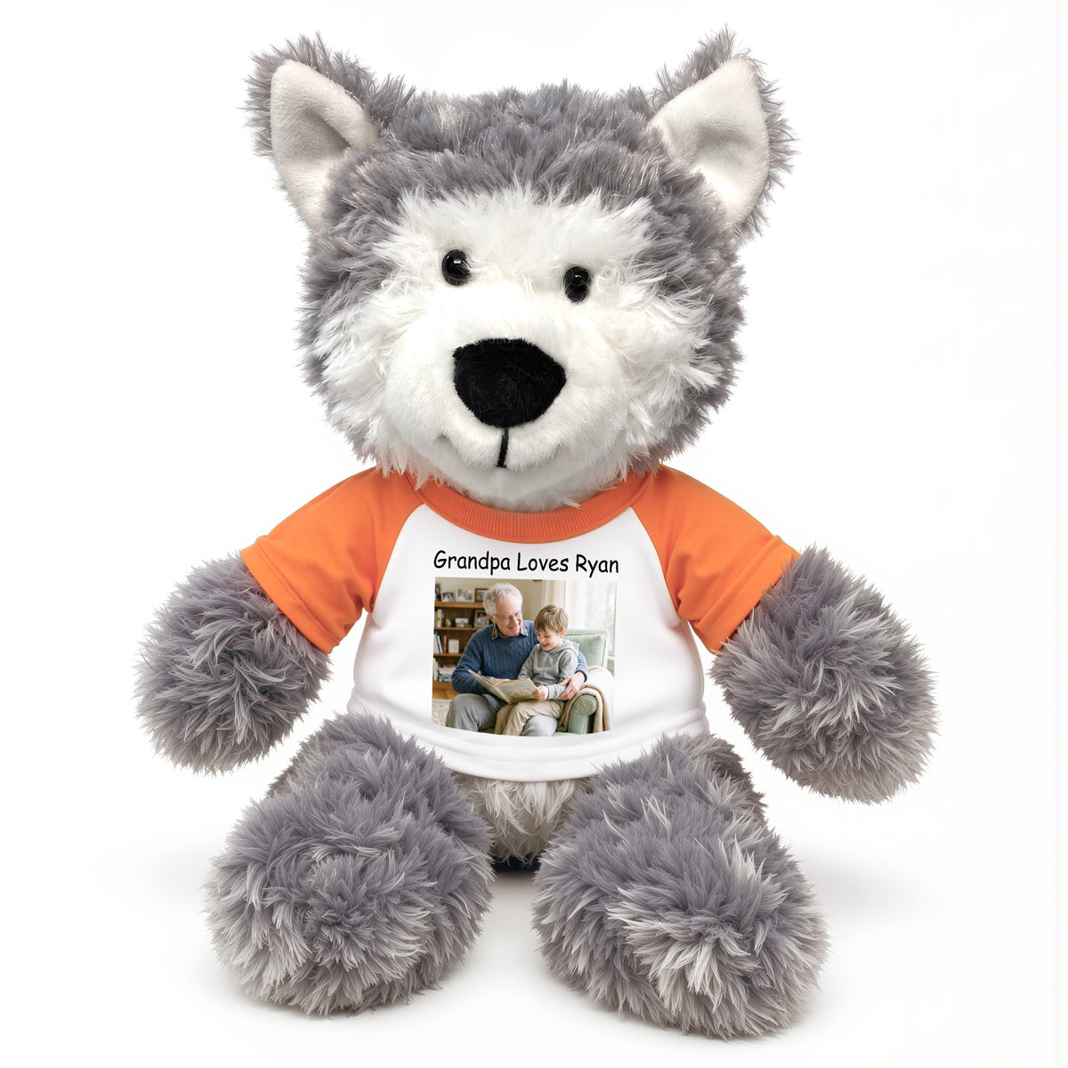 Personalized Stuffed Husky Dog or Wolf featuring your photo and/or text - 12" Aurora Plush - White w/Orange Sleeves – add $3, Print on Front Only (Included)