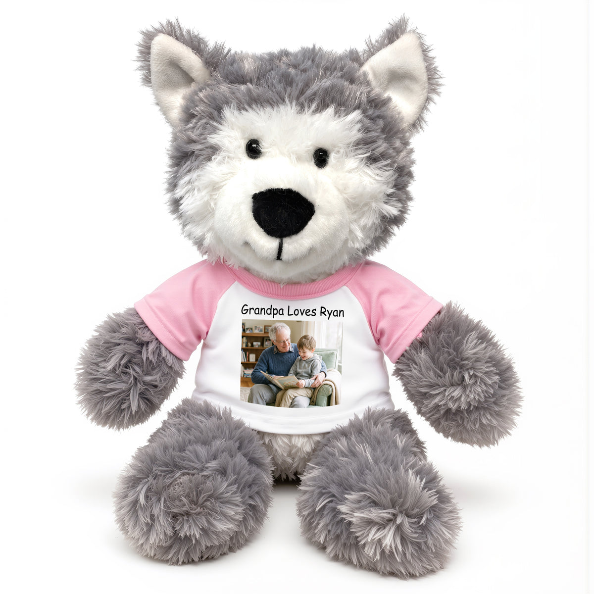 Personalized Stuffed Husky Dog or Wolf featuring your photo and/or text - 12" Aurora Plush - White w/Pink Sleeves – add $3, Print on Front Only (Included)
