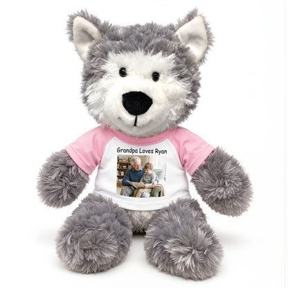 Personalized Stuffed Husky Dog or Wolf featuring your photo and/or text - 12" Aurora Plush - White w/Pink Sleeves – add $3, Print on Front Only (Included)