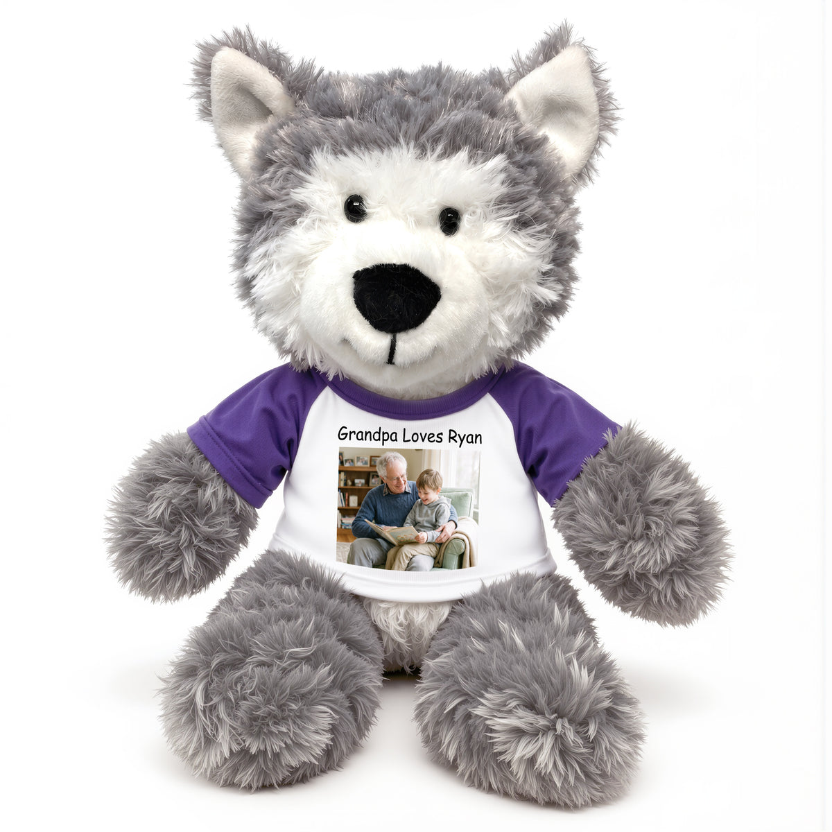 Personalized Stuffed Husky Dog or Wolf featuring your photo and/or text - 12" Aurora Plush - White w/Purple Sleeves – add $3, Print on Front Only (Included)