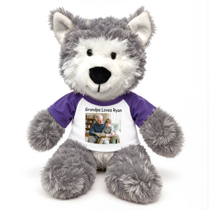 Personalized Stuffed Husky Dog or Wolf featuring your photo and/or text - 12" Aurora Plush - White w/Purple Sleeves – add $3, Print on Front Only (Included)