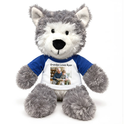 Personalized Stuffed Husky Dog or Wolf featuring your photo and/or text - 12" Aurora Plush - White w/Royal Blue Sleeves – add $3, Print on Front Only (Included)