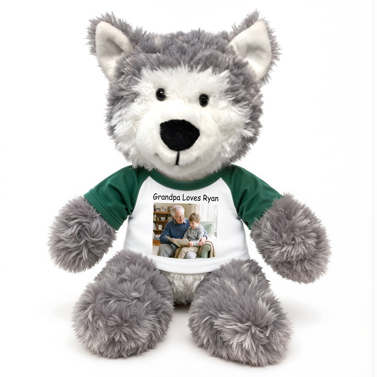Personalized Stuffed Husky Dog or Wolf featuring your photo and/or text - 12" Aurora Plush - White w/Green Sleeves – add $3, Print on Front Only (Included)