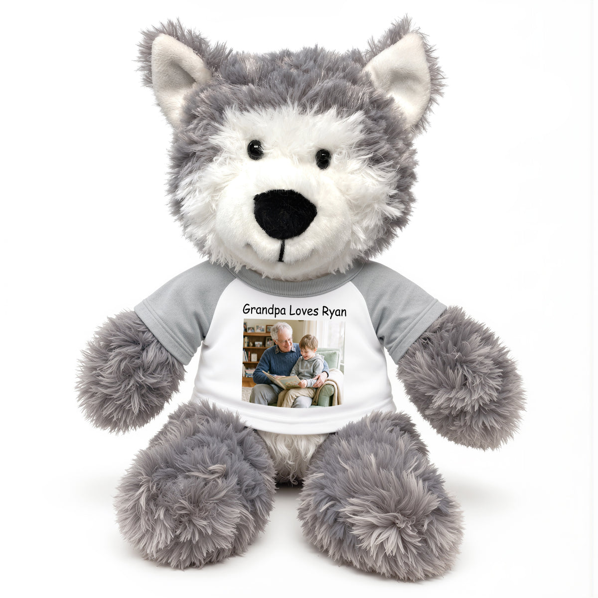 Personalized Stuffed Husky Dog or Wolf featuring your photo and/or text - 12" Aurora Plush - White w/Grey Sleeves - add $3, Print on Front Only (Included)