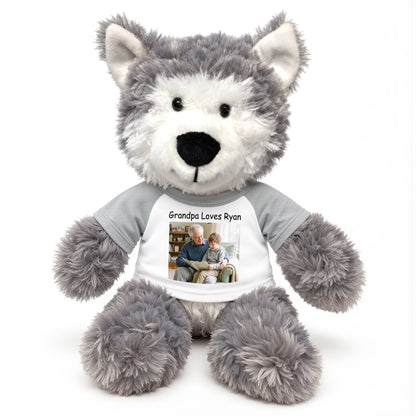 Personalized Stuffed Husky Dog or Wolf featuring your photo and/or text - 12" Aurora Plush - White w/Grey Sleeves - add $3, Print on Front Only (Included)