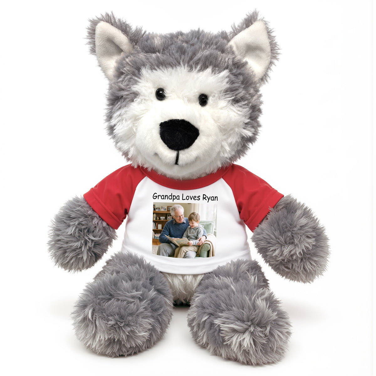Personalized Stuffed Husky Dog or Wolf featuring your photo and/or text - 12" Aurora Plush - White w/Red Sleeves – add $3, Print on Front Only (Included)