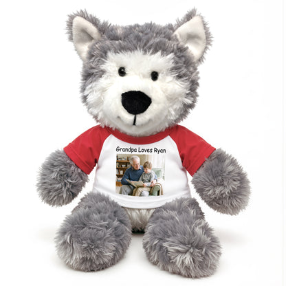 Personalized Stuffed Husky Dog or Wolf featuring your photo and/or text - 12" Aurora Plush - White w/Red Sleeves – add $3, Print on Front Only (Included)