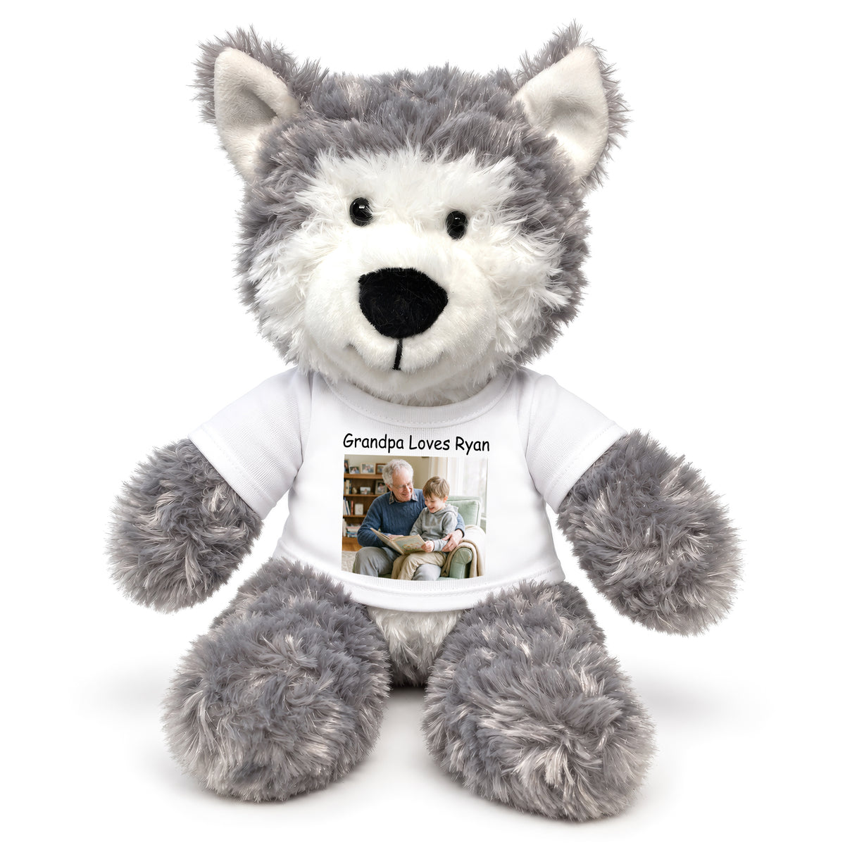 Personalized Stuffed Husky Dog or Wolf featuring your photo and/or text - 12" Aurora Plush - White, Print on Front Only (Included)