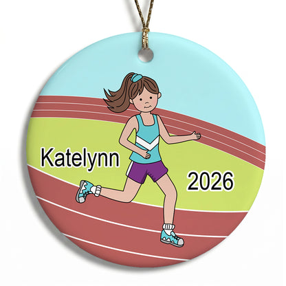 Running / Track Girl Personalized Christmas Ornament - Brown Hair
