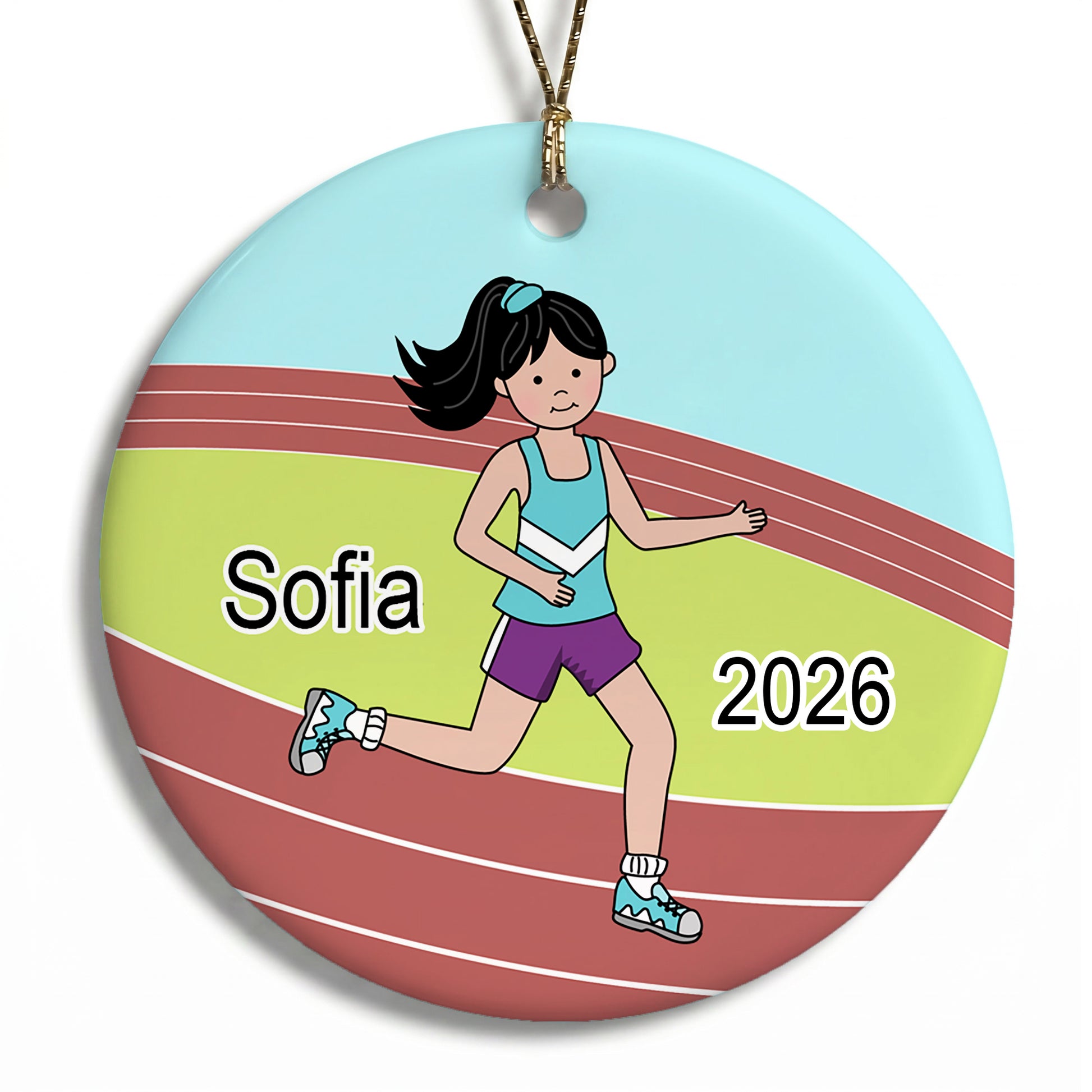 Running / Track Girl Personalized Christmas Ornament - Black Hair