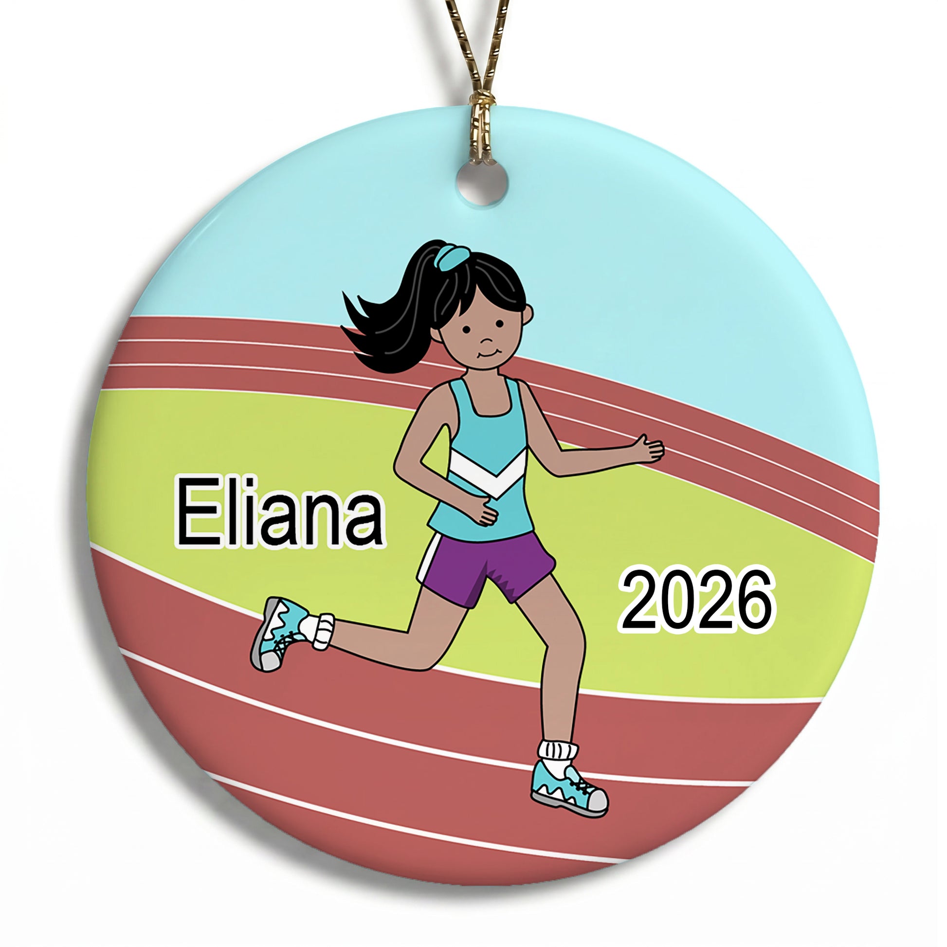Running / Track Girl Personalized Christmas Ornament - Medium Skin / Black Hair