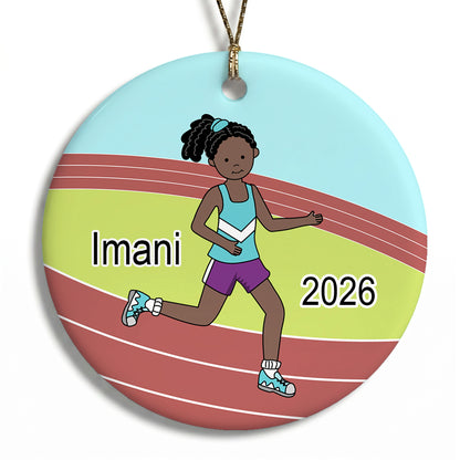 Running / Track Girl Personalized Christmas Ornament - Black / African American with Dark Skin