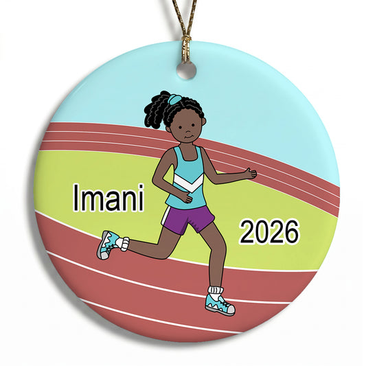 Running / Track Girl Personalized Christmas Ornament - Black / African American with Dark Skin