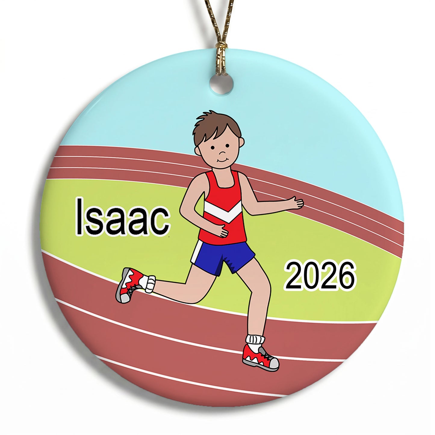 Running / Track Boy Personalized Christmas Ornament - Brown Hair