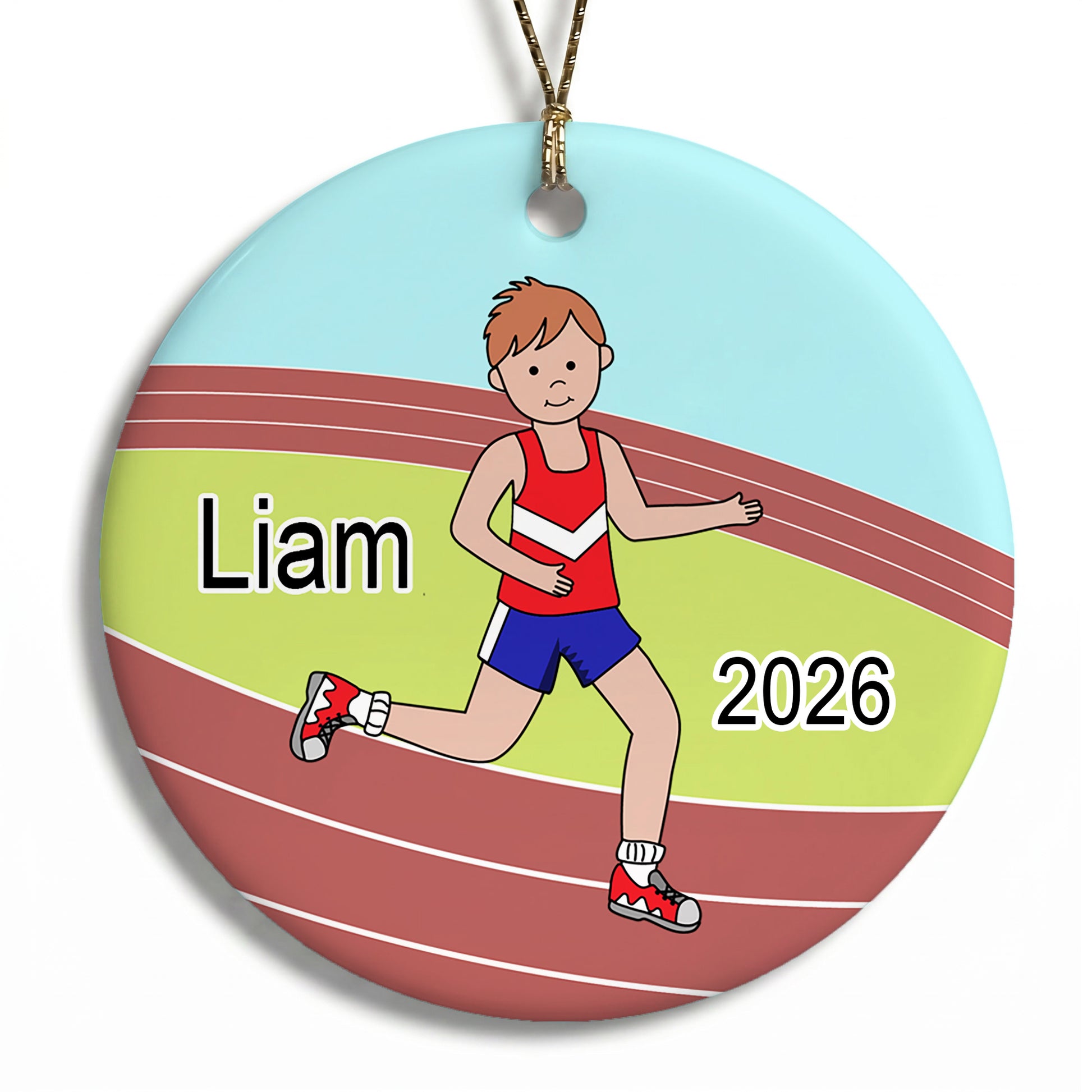 Running / Track Boy Personalized Christmas Ornament - Red Hair