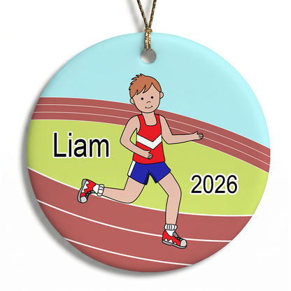 Running / Track Boy Personalized Christmas Ornament - Red Hair