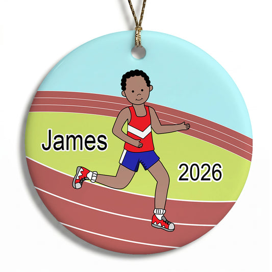 Running / Track Boy Personalized Christmas Ornament - Black /African American with Medium Skin