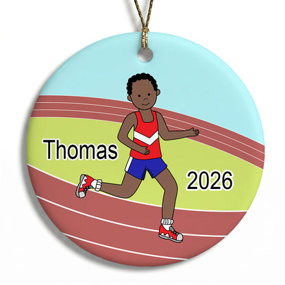 Running / Track Boy Personalized Christmas Ornament - Black / African American with Dark Skin