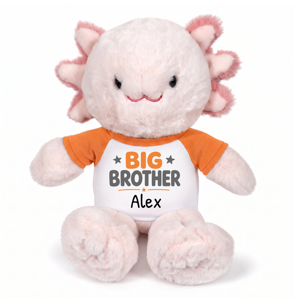Personalized Big Brother Stuffed Axolotyl - 12 Inch Plush Axolytl - Orange Shirt with Orange and Grey Design