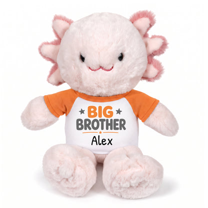 Personalized Big Brother Stuffed Axolotyl - 12 Inch Plush Axolytl - Orange Shirt with Orange and Grey Design