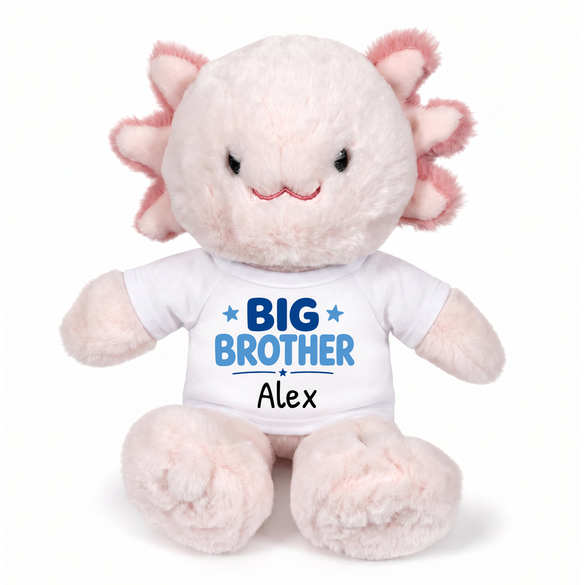 Personalized Big Brother Stuffed Axolotyl - 12 Inch Plush Axolytl - White shirt with blue design