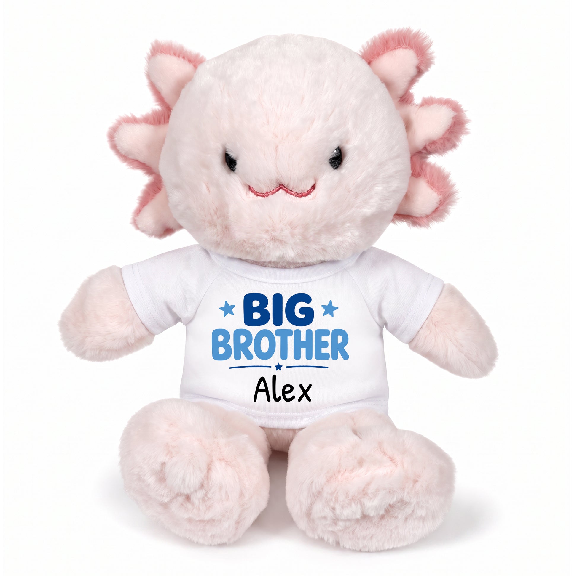 Personalized Big Brother Stuffed Axolotyl - 12 Inch Plush Axolytl - White shirt with blue design