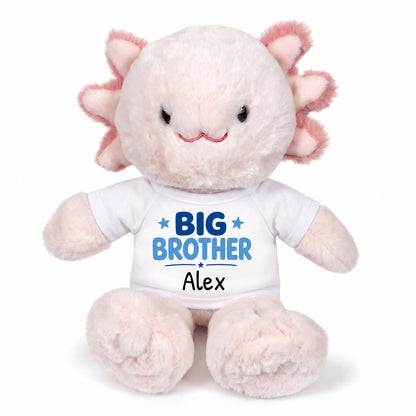 Personalized Big Brother Stuffed Axolotyl - 12 Inch Plush Axolytl - White shirt with blue design