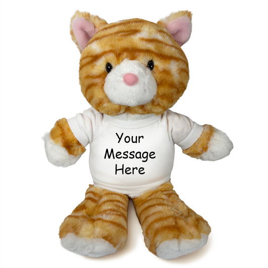 Personalized Stuffed Cat - 12 Inch TumbleToes Orange Tabby Cat - White Shirt
