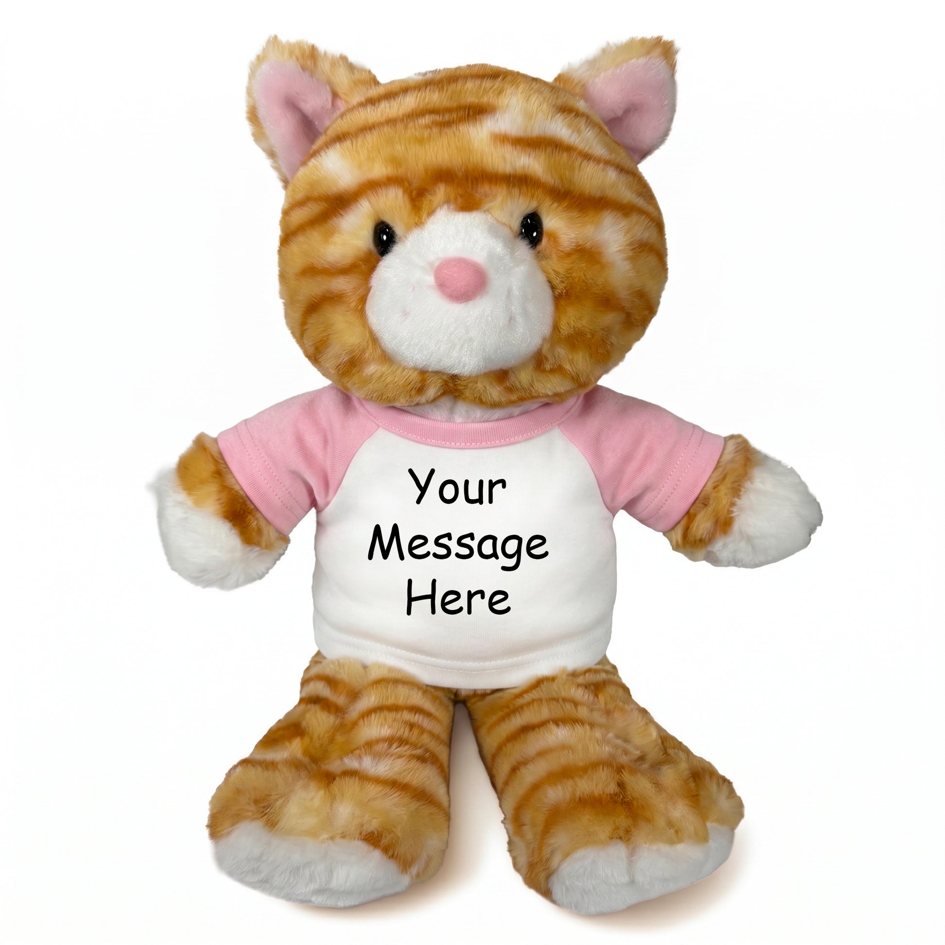 Personalized Stuffed Cat - 12 Inch TumbleToes Orange Tabby Cat - Pink Shirt