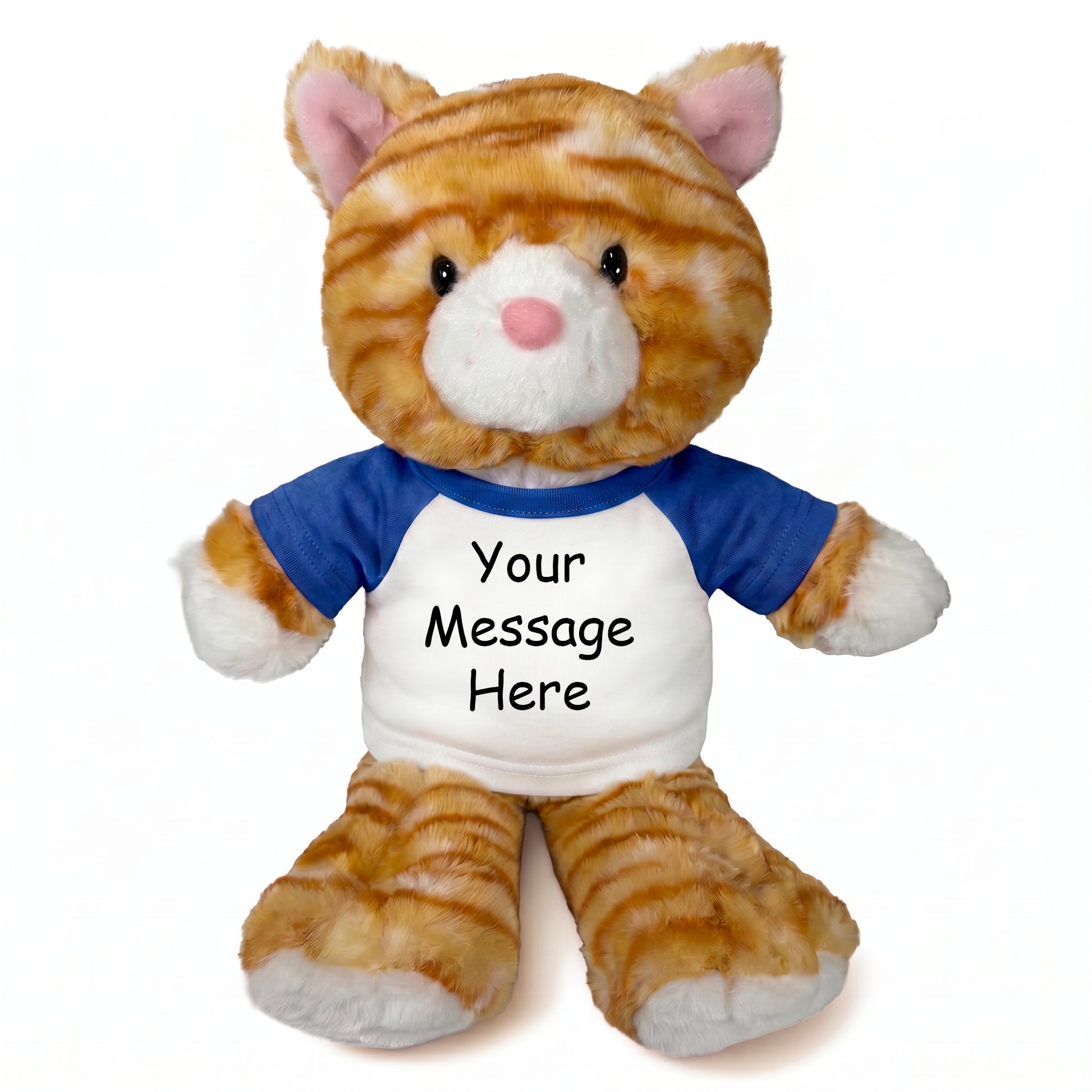 Personalized Stuffed Cat - 12 Inch TumbleToes Orange Tabby Cat - Royal Blue Shirt