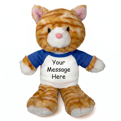 Personalized Stuffed Cat - 12 Inch TumbleToes Orange Tabby Cat - Royal Blue Shirt