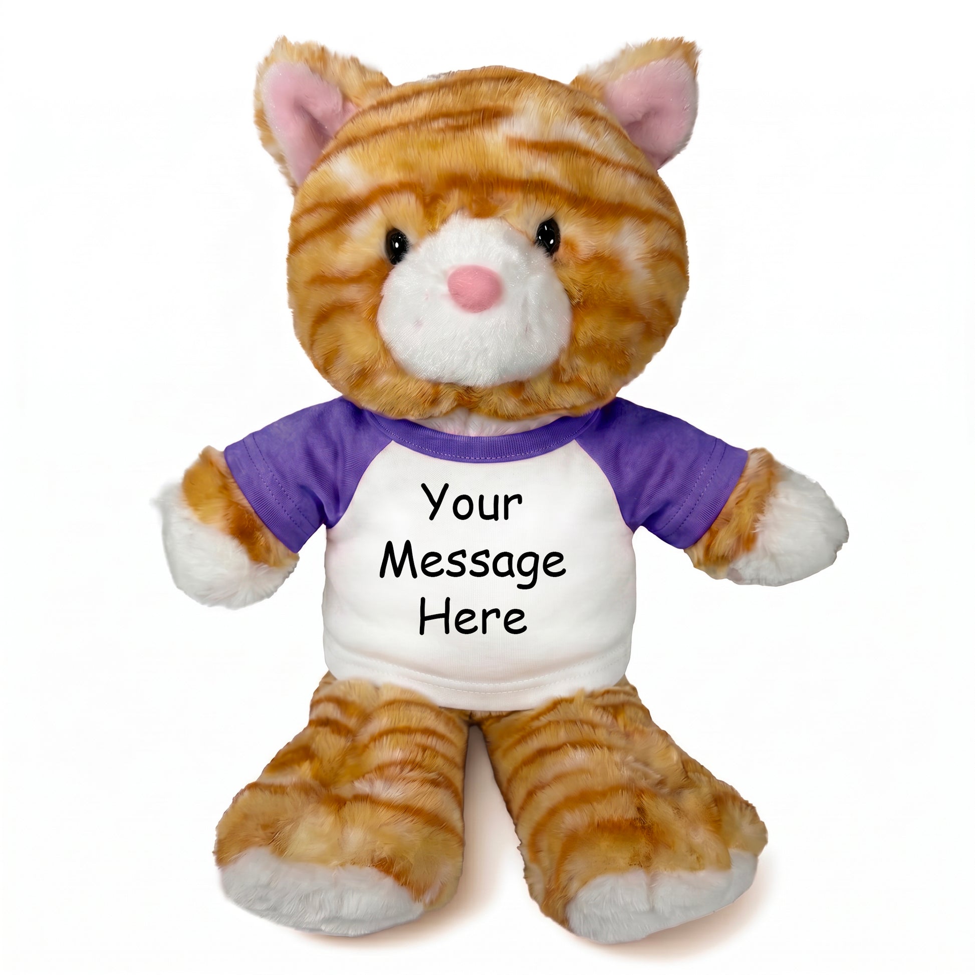 Personalized Stuffed Cat - 12 Inch TumbleToes Orange Tabby Cat - Purple Shirt