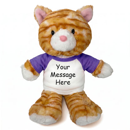 Personalized Stuffed Cat - 12 Inch TumbleToes Orange Tabby Cat - Purple Shirt