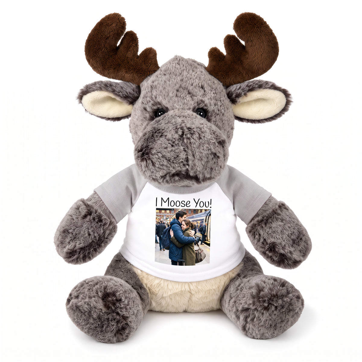 Personalized Stuffed Moose - 11 Inch Milo Moose - Grey Shirt