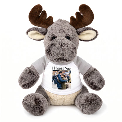 Personalized Stuffed Moose - 11 Inch Milo Moose - Grey Shirt