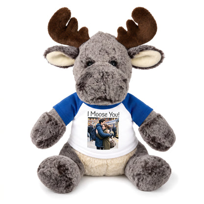 Personalized Stuffed Moose - 11 Inch Milo Moose - Royal Blue Shirt