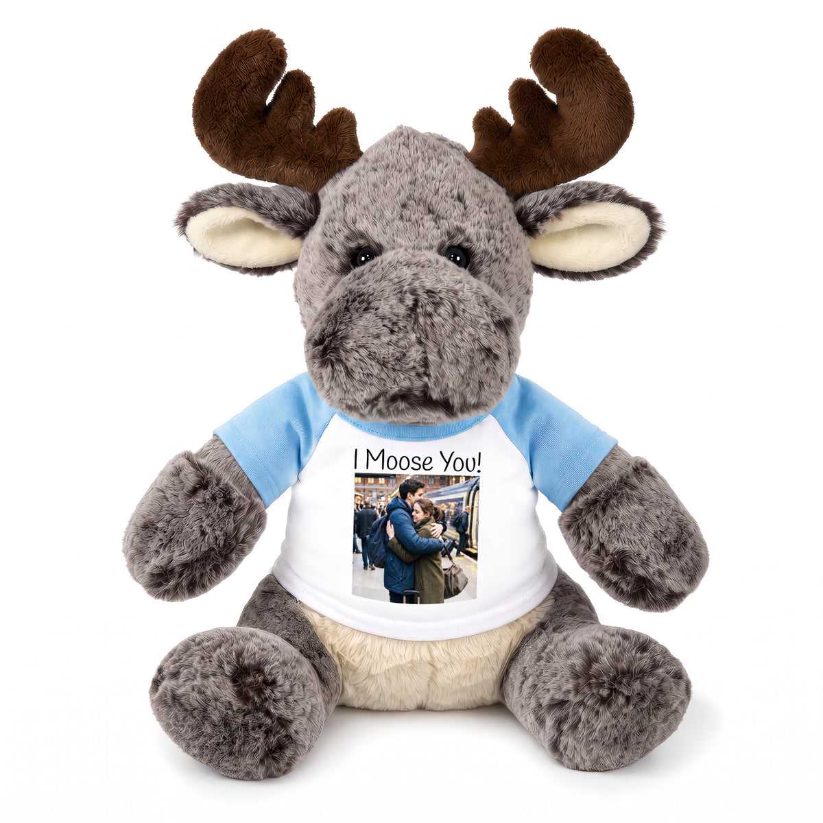 Personalized Stuffed Moose - 11 Inch Milo Moose - Light Blue Shirt