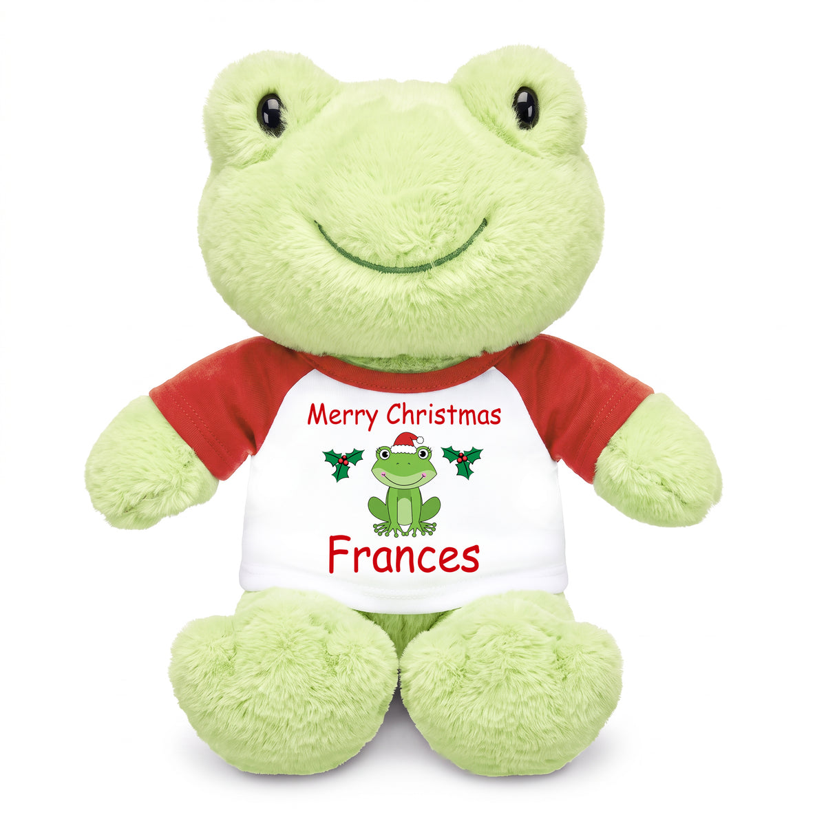 Personalized Christmas Stuffed Frog - 12 Inch Plush Tumbletoes Frog - Red Shirt with Frog Design