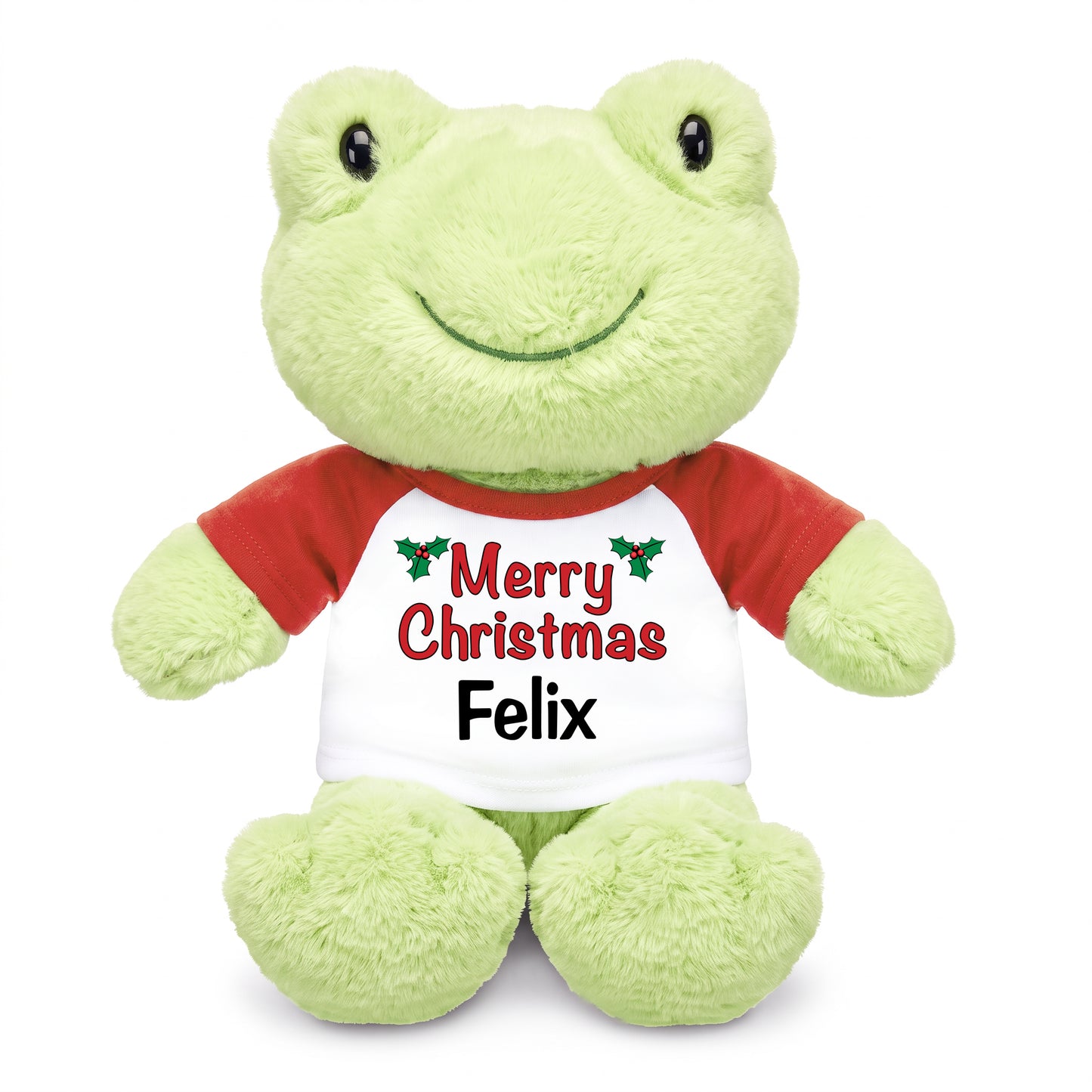 Personalized Christmas Stuffed Frog - 12 Inch Plush Tumbletoes Frog - Red Shirt with Words Design
