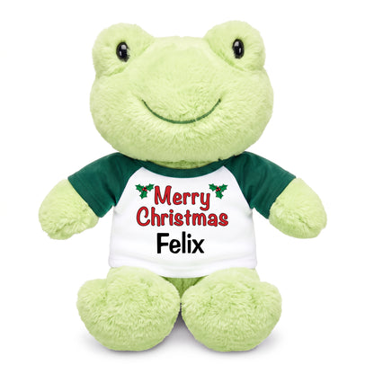 Personalized Christmas Stuffed Frog - 12 Inch Plush Tumbletoes Frog - Green Shirt with Words Design