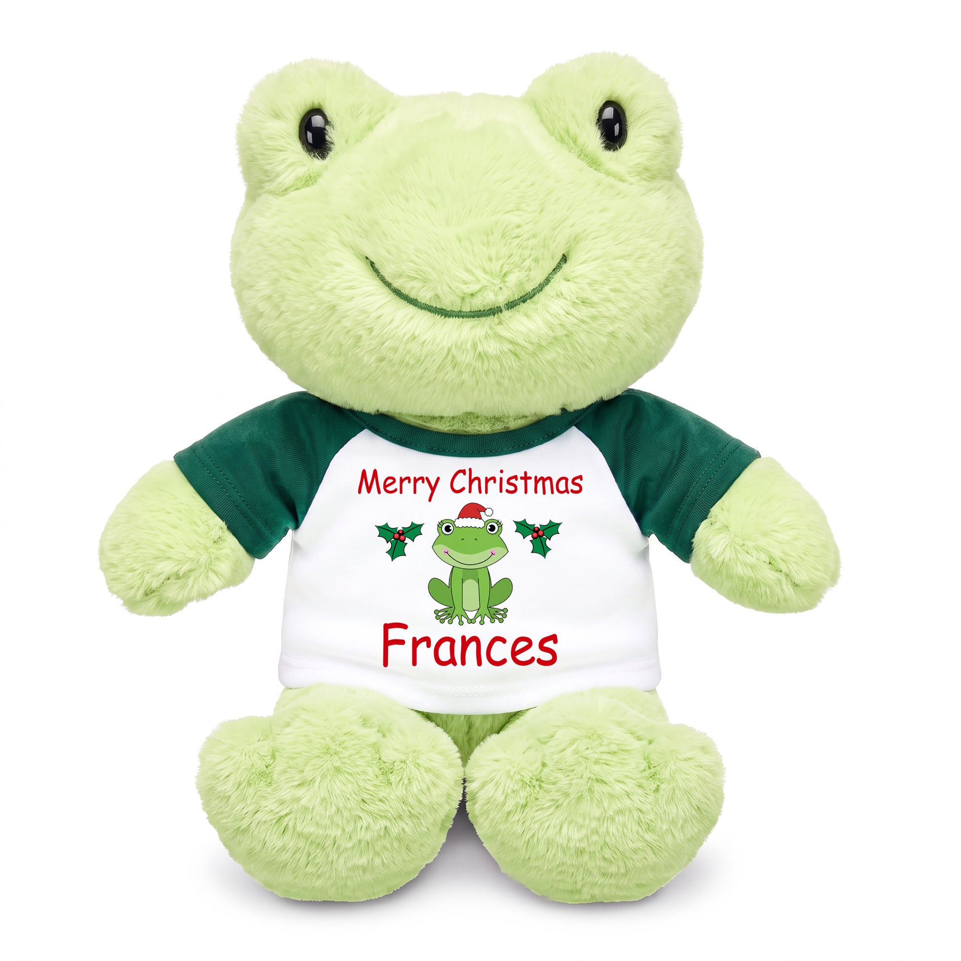 Personalized Christmas Stuffed Frog - 12 Inch Plush Tumbletoes Frog - Green Shirt with Frog Design & Red Text