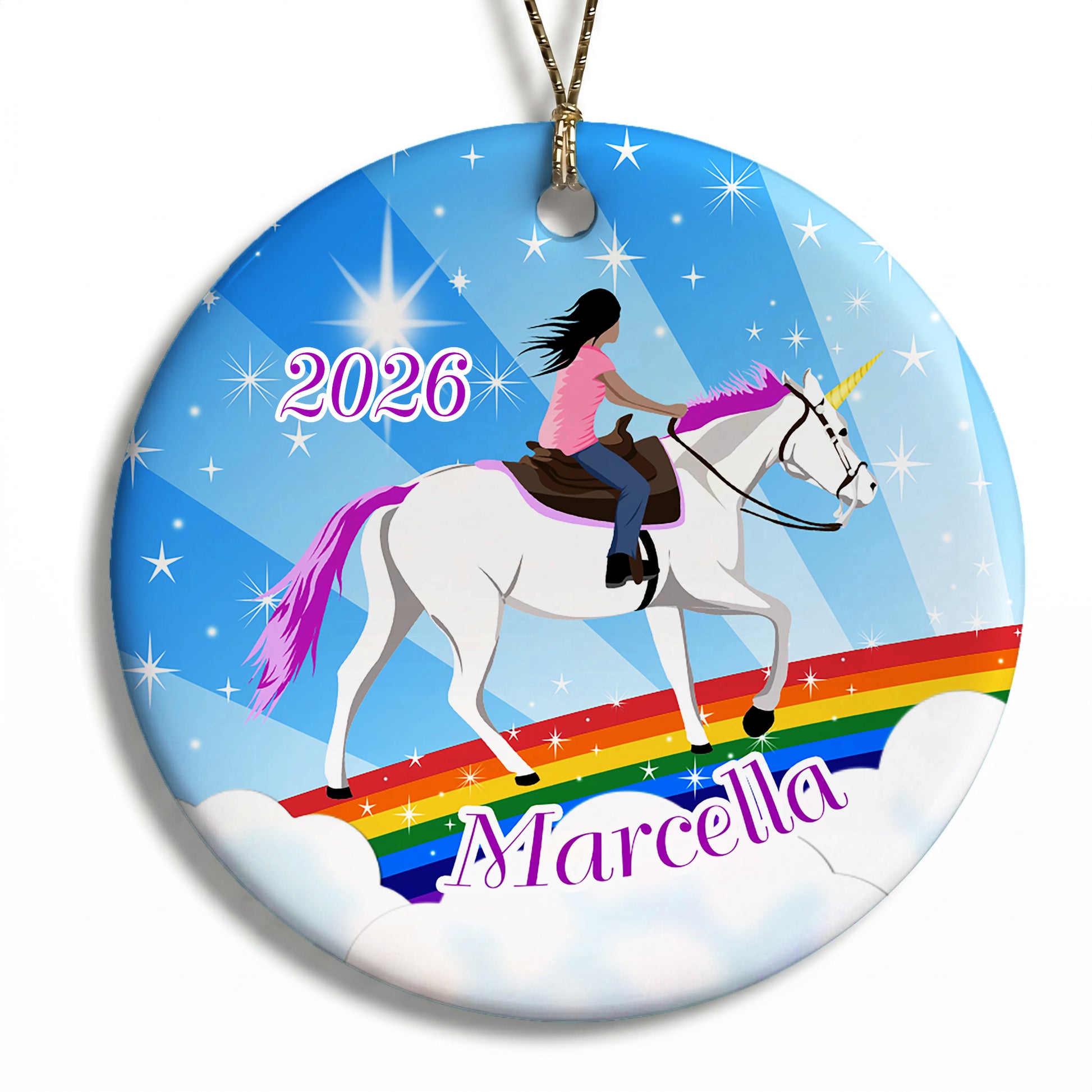 Unicorn Dreams Personalized Christmas Ornament - Girl with Black Hair and Medium Skin