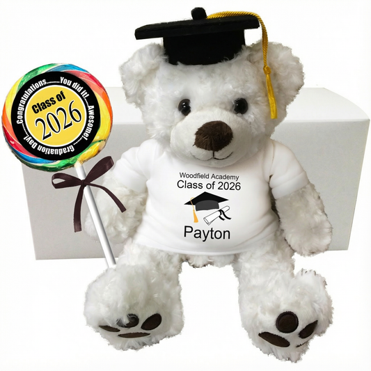 Graduation Teddy Bear Personalized Gift Set - 13" Vera Bear, Pearly White, Class of 2026 