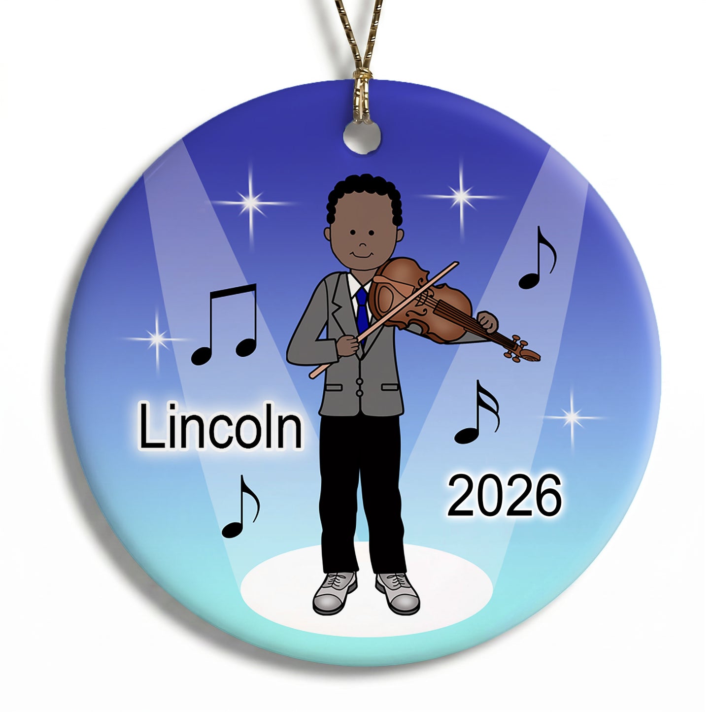Violin Recital Boy Personalized Christmas Ornament - Black / African American with dark skin